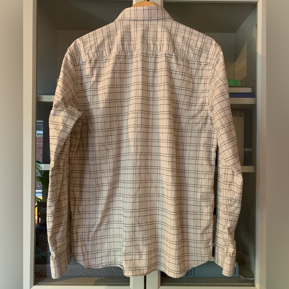 Men’s, Theory L-Sleeve Grid Pattern Shirt, Cream with Navy Stripe, Size L - Picture 2 of 7
